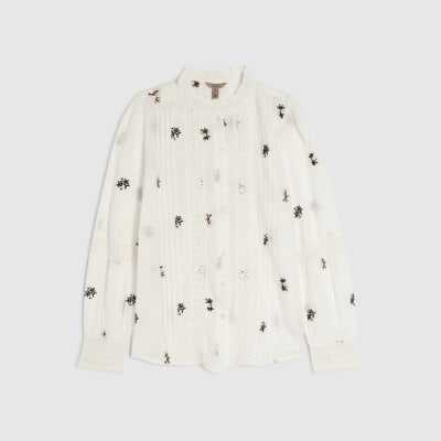 White Floral Embroidered Shirt