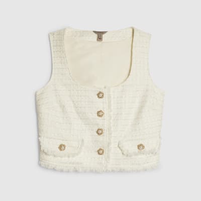 White Fringe Hem Boucle Waistcoat