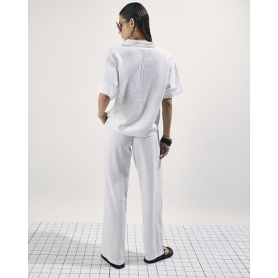 White Linen Blend Drawstring Tapered Trousers