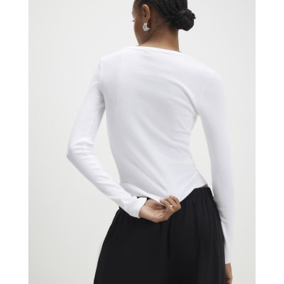 White Long Sleeve Popper Ribbed Top