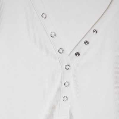 White Long Sleeve Popper Ribbed Top