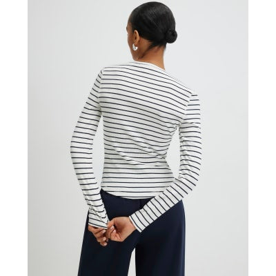 White Long Sleeve Ribbed Crew Neck Stripe Top