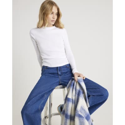 White Long Sleeve Ribbed Crew Neck Top