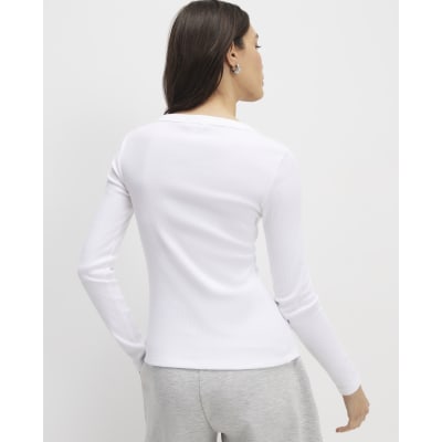 White Long Sleeve Ribbed Popper Top