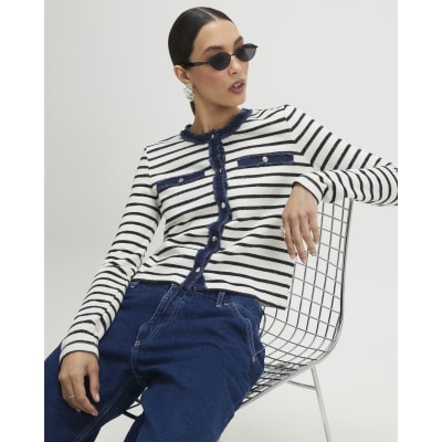 White Long Sleeve Striped Denim Mix Cardigan