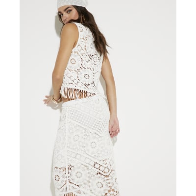 White Maxi Fringe Crochet Skirt
