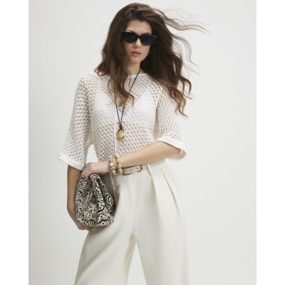 White Open Stitch Knitted T-Shirt