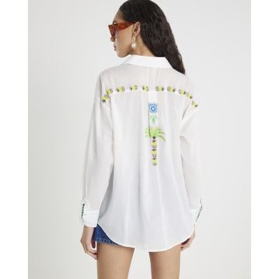 White Palm Tree Embroidered Shirt