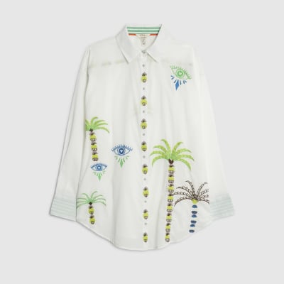 White Palm Tree Embroidered Shirt