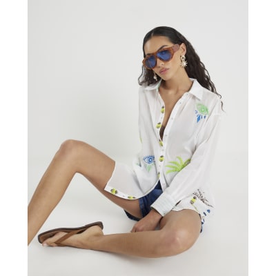 White Palm Tree Embroidered Shirt