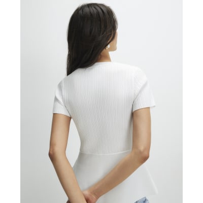 White Peplum Ribbed Knitted Top