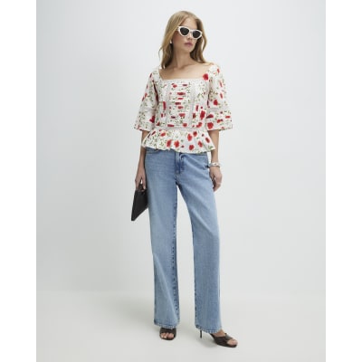White Poppy Print Blouse