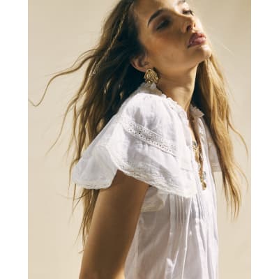 White Ruffle Sleeve Lace Blouse