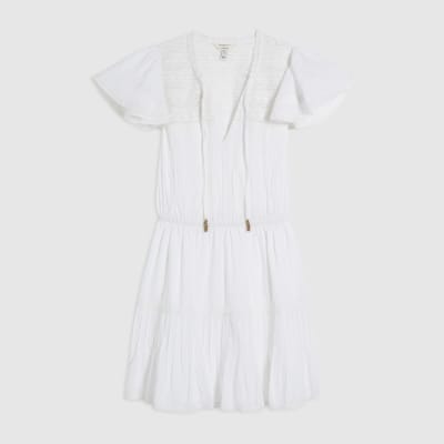 White Ruffle Sleeve Lace Dress