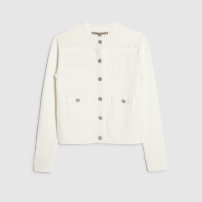 White Scallop Trim Diamante Button Cardigan