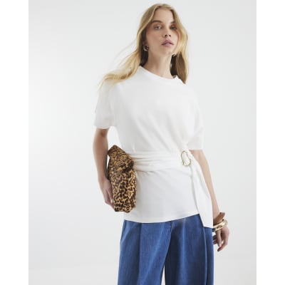 White Short Sleeve Belted T-shirt