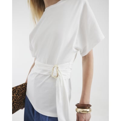 White Short Sleeve Belted T-shirt