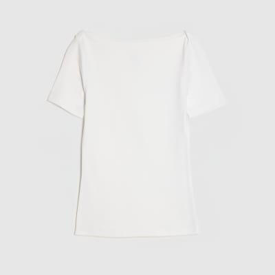 White Short Sleeve Cotton Boat Neck Top
