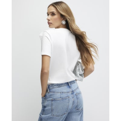 White Short Sleeve Embellished Love T-shirt