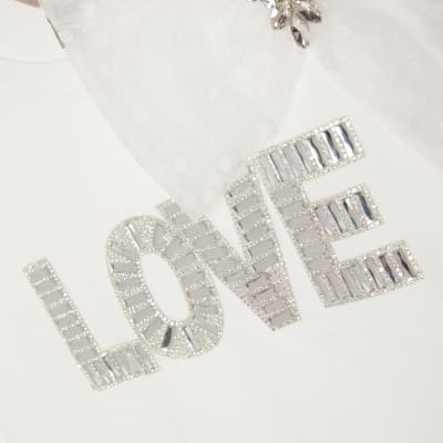 White Short Sleeve Embellished Love T-shirt