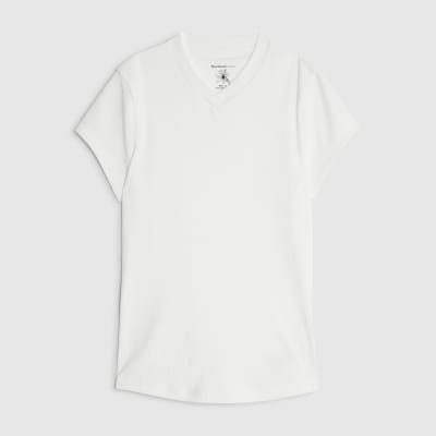 White Short Sleeve High V Neck Ribbed Top