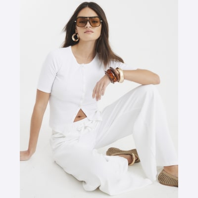 White Short Sleeve Ribbed Button Through Top