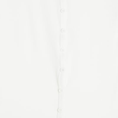 White Short Sleeve Ribbed Button Through Top