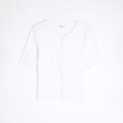 White Short Sleeve Ribbed Button Through Top