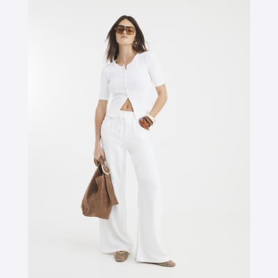 White Short Sleeve Ribbed Button Through Top