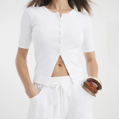 White Short Sleeve Ribbed Button Through Top