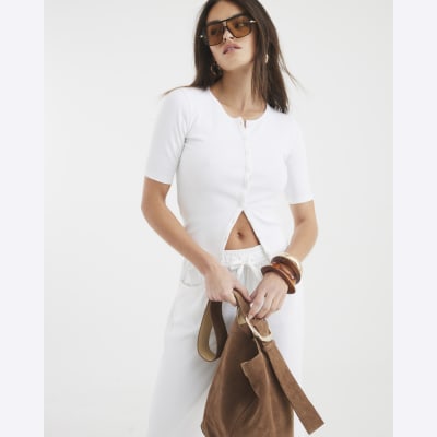 White Short Sleeve Ribbed Button Through Top