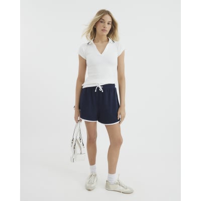White Short Sleeve Ribbed Polo Top