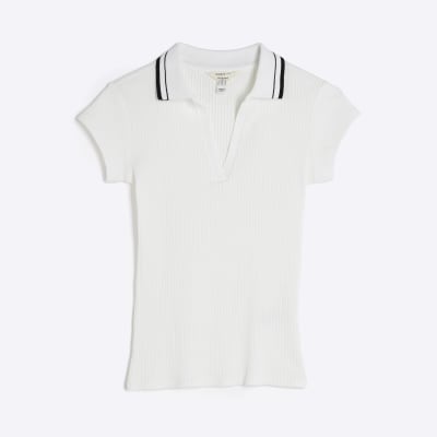 White Short Sleeve Ribbed Polo Top