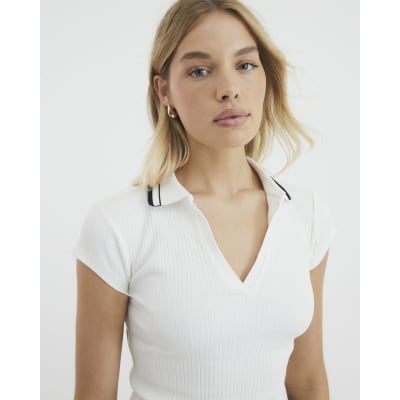 White Short Sleeve Ribbed Polo Top