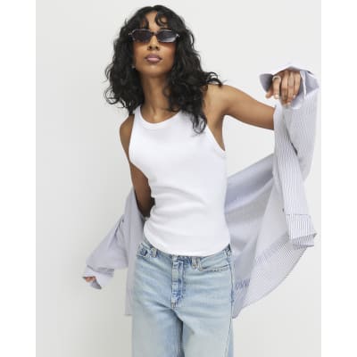 White Sleeveless Ribbed Tank Top