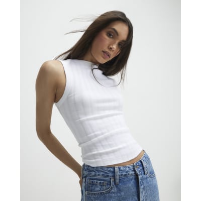 White Sleeveless Wide Ribbed Tank Top