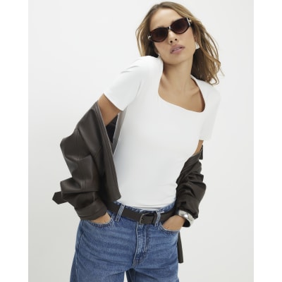 White Square Neck Fitted T-shirt