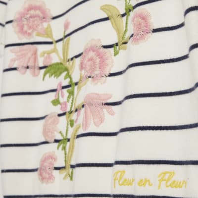 White Stripe Floral Embroidered Knit T-Shirt