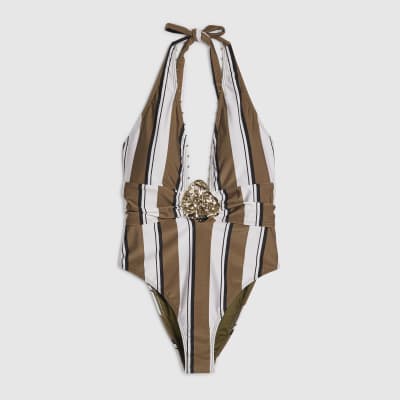White Stripe Plunge Hardware Swimsuit