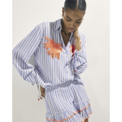 White Striped Embellished Palm Beach Shirt