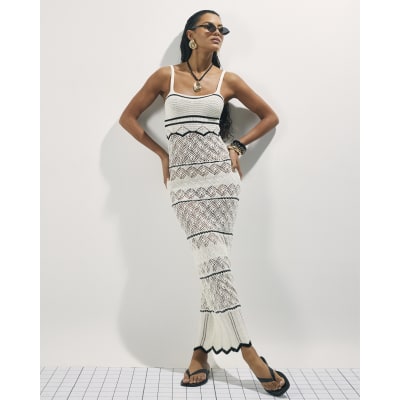 White Striped Knit Midi Dress