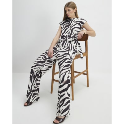 White Zebra Print Wide Leg Trousers