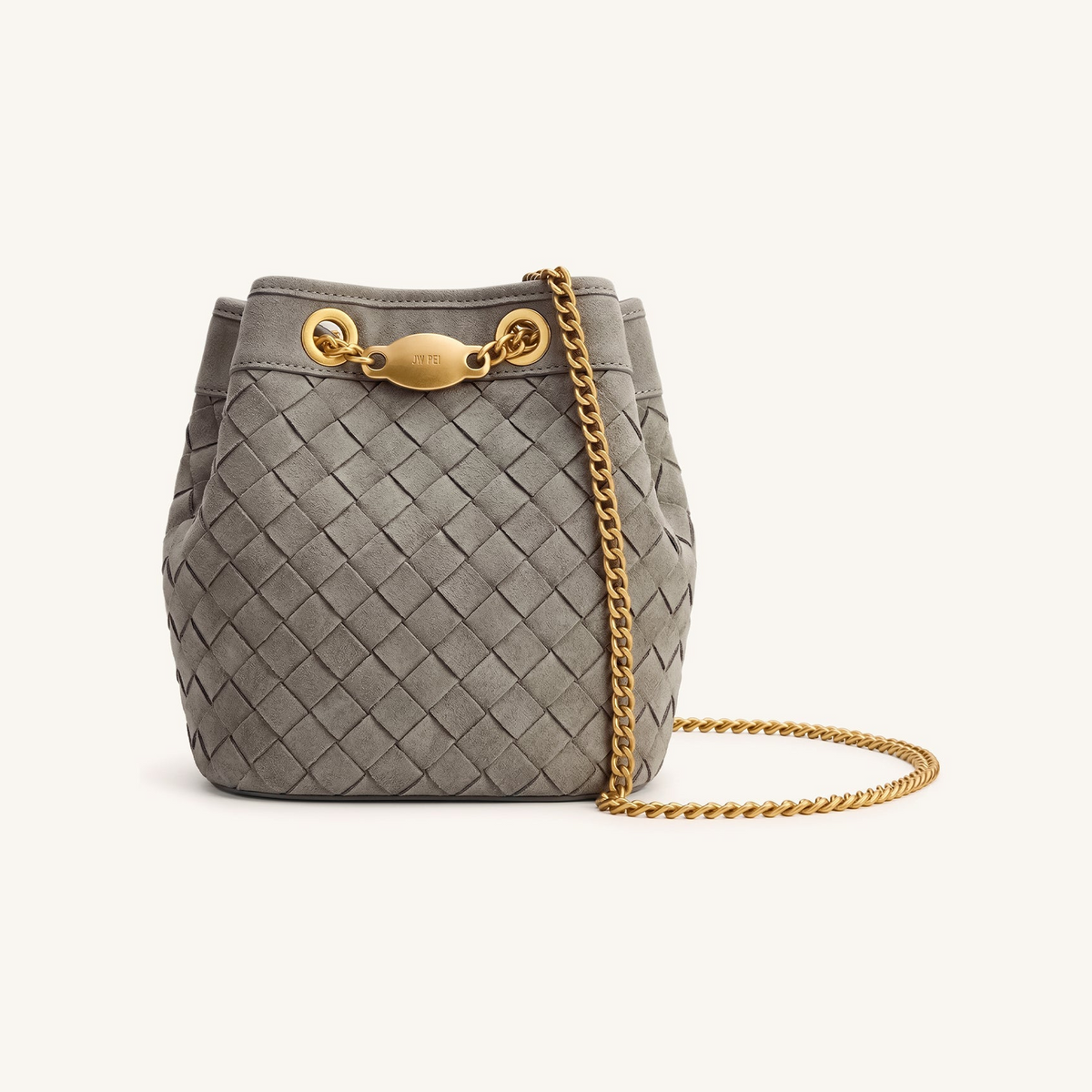 Yara Faux Suede Hand-Woven Bucket Bag - Grey