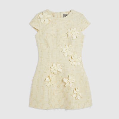 Yellow 3D Flower Boucle Mini Dress