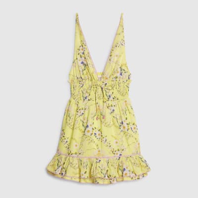 Yellow Daisy Floral Print Mini Beach Dress