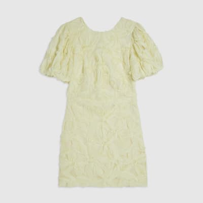 Yellow Puff Sleeve 3D Floral Mini Dress