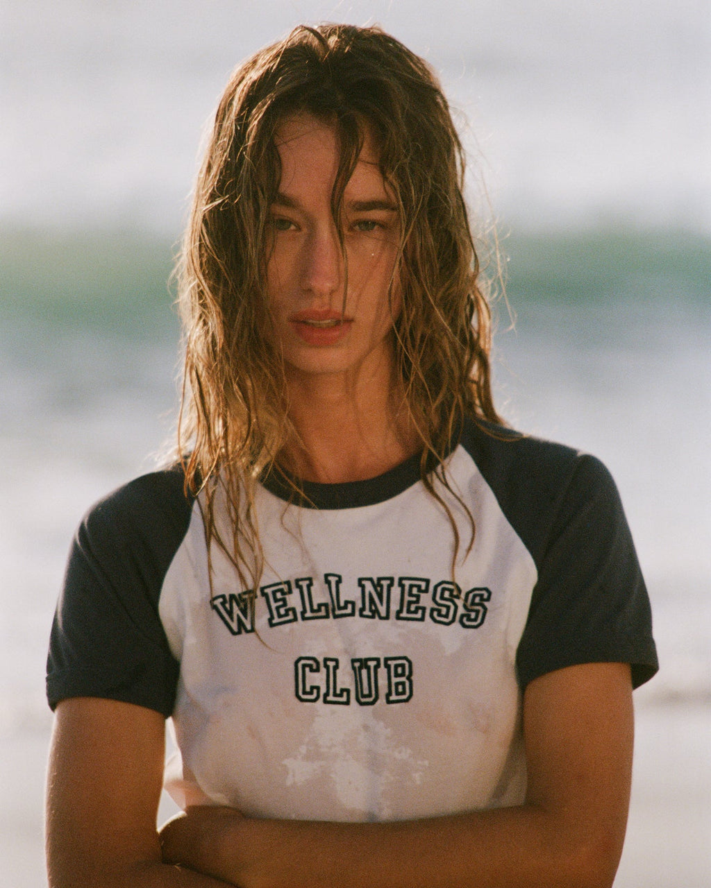 Wellness Club Flocked Baby Tee - White/Navy