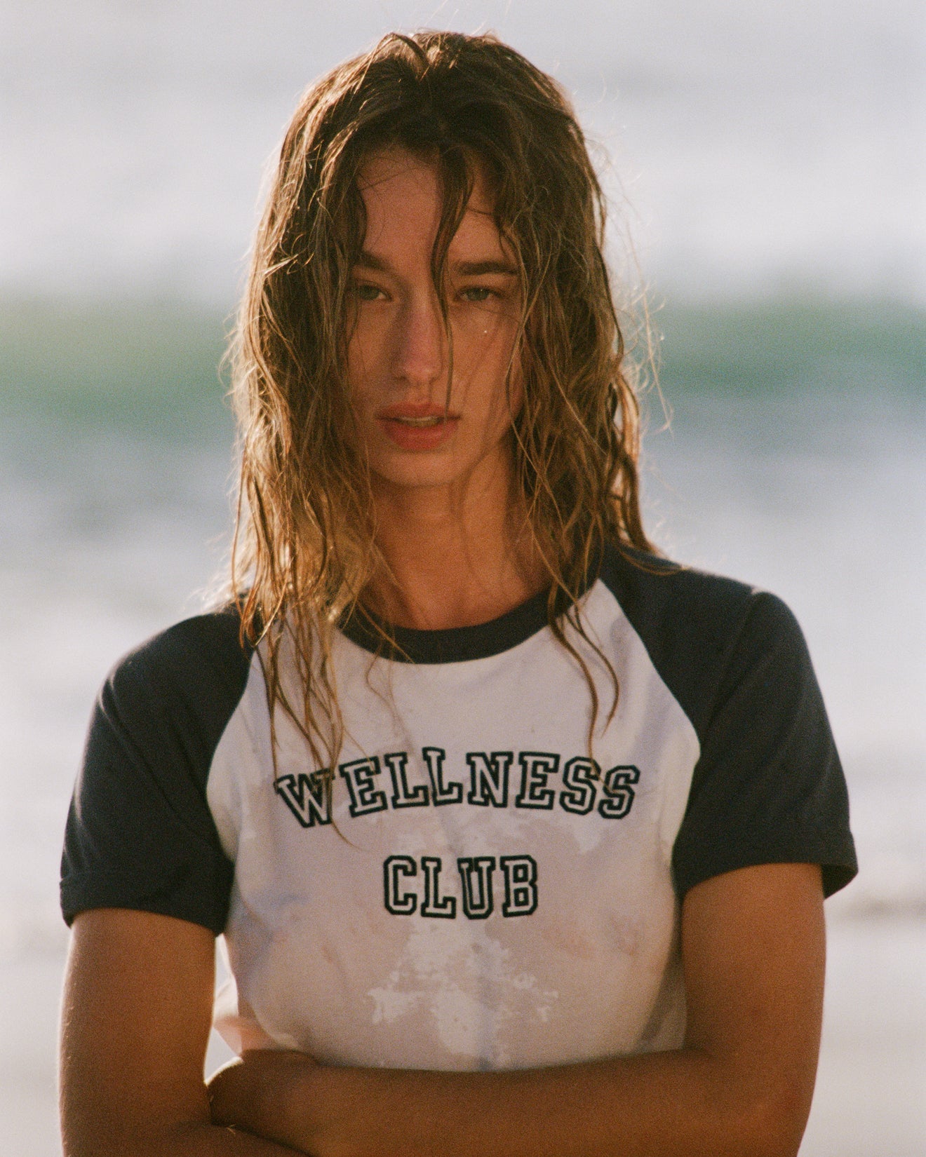 Wellness Club Flocked Baby Tee - White/Navy