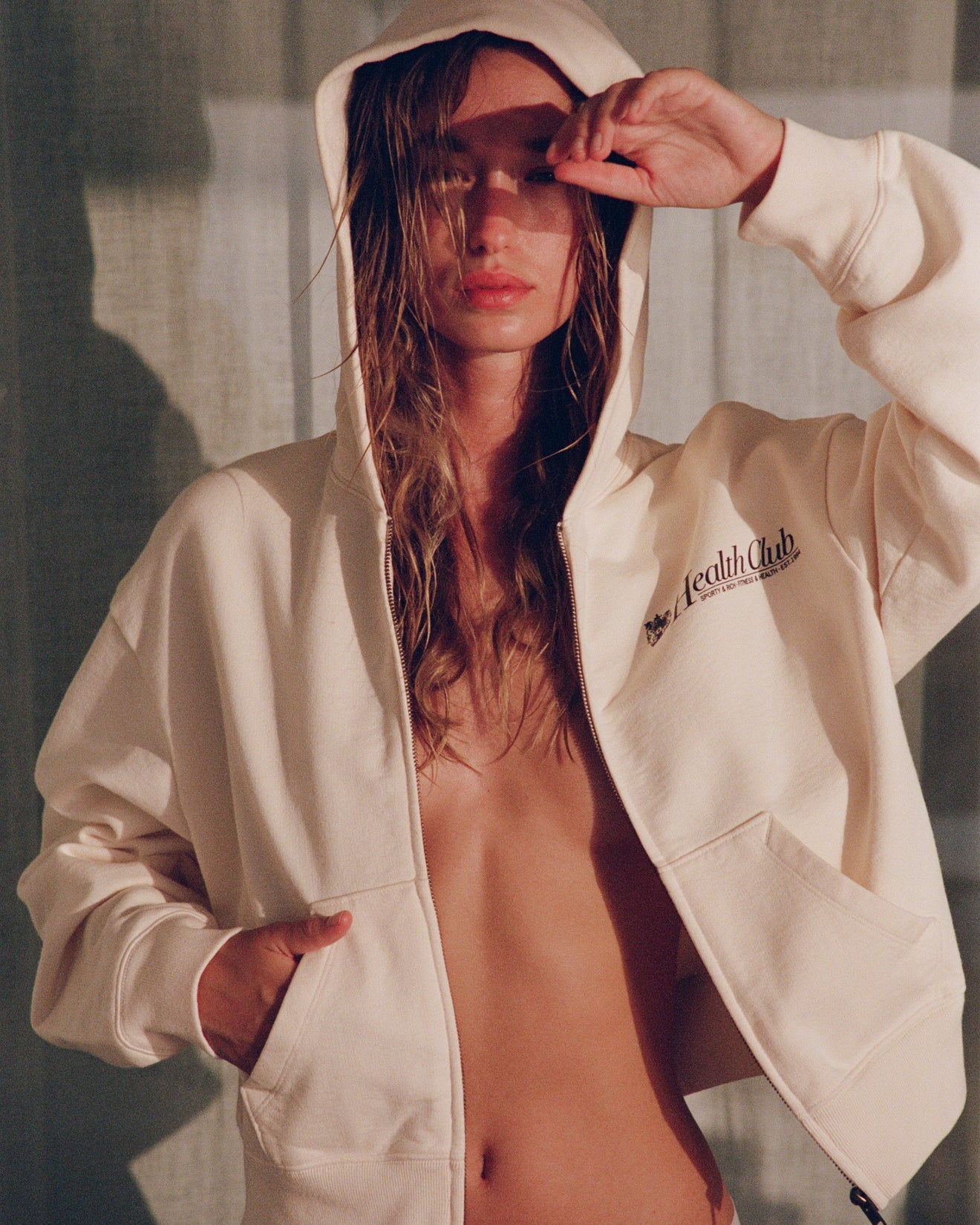 Lion Health Cropped Zip Hoodie - Cream