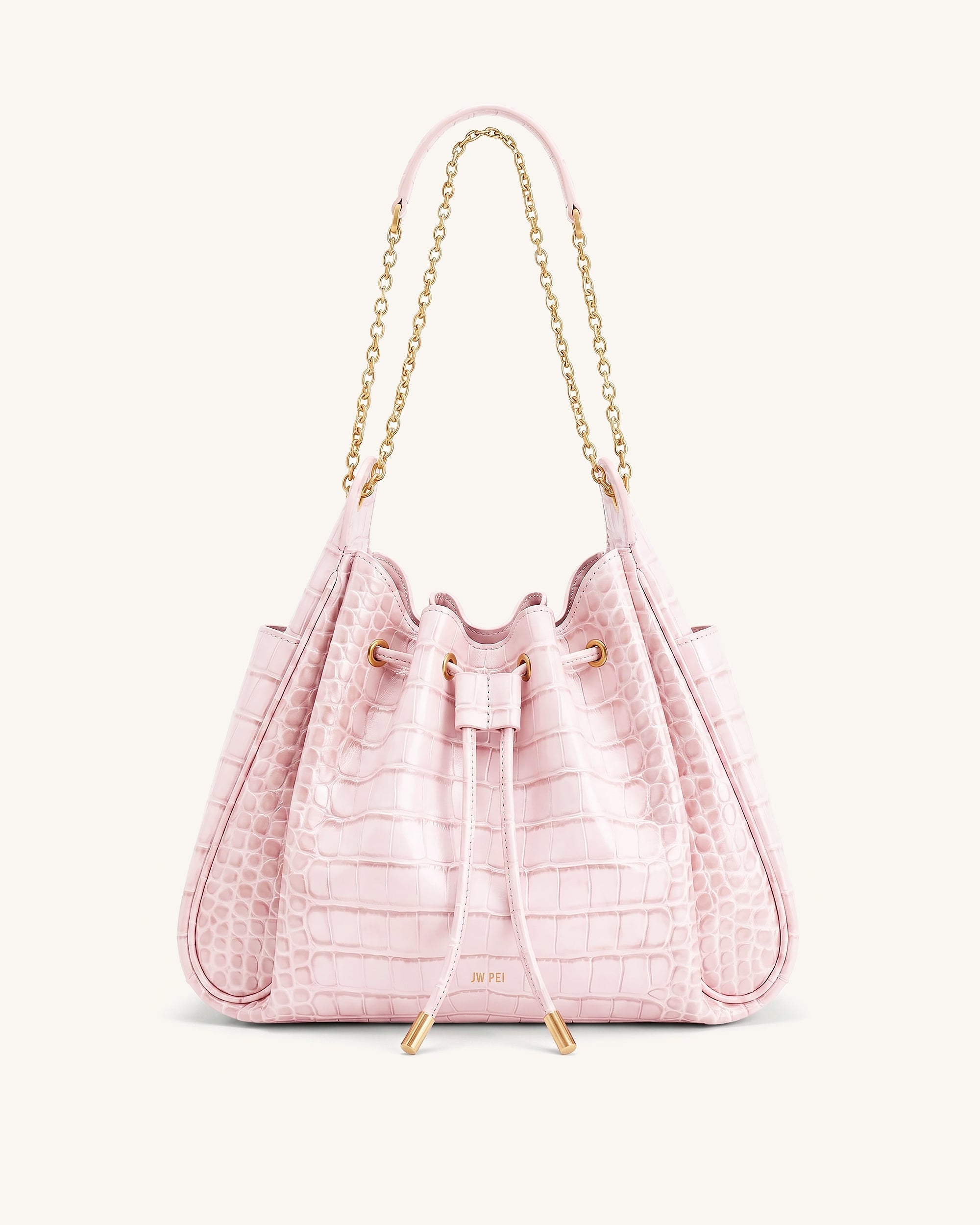 Rowan Ruched Drawstring Chain Bucket Bag - Dark Red Croc